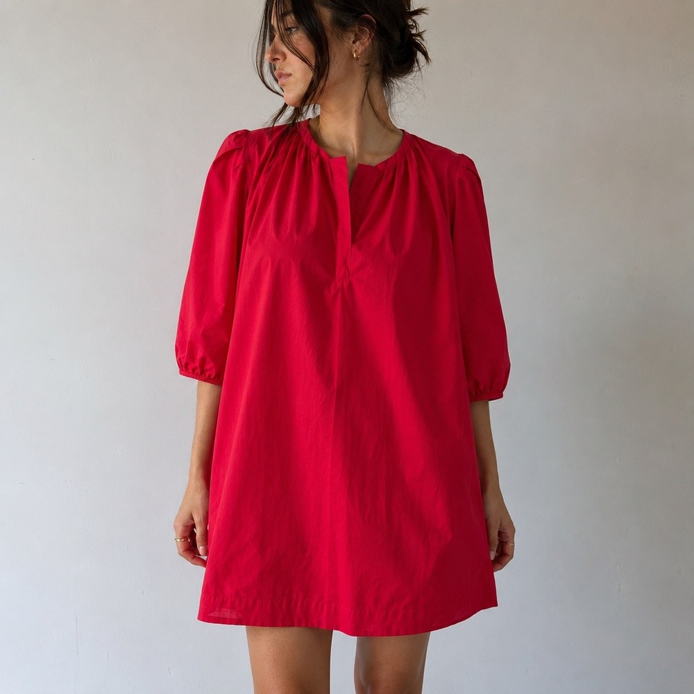 Caryn Lawn Red Shift Dress Puff Sleeve One Size Preppy Coastal Minimalist